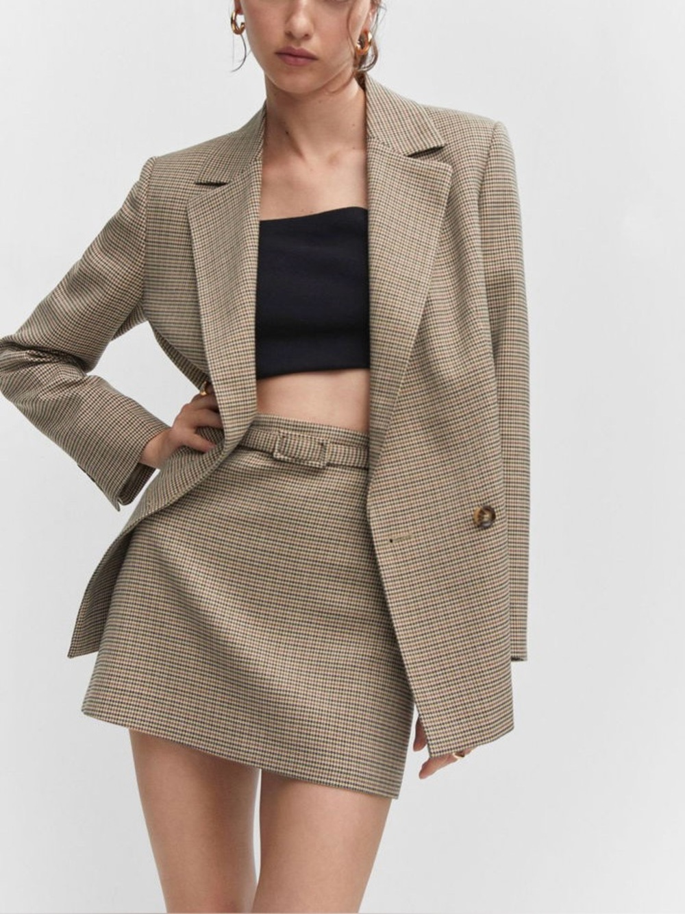 MNG Belted Houndstooth Mini Skirt Brown Plaid Workwear Preppy Tailored Size L
